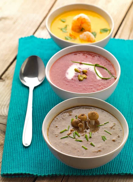 Variety Soups Mushroom Tomato Shrimp Soup — Stock Photo, Image