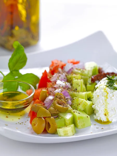 Modern Way Greek Salad Feta Spread Cheese Cucumber Onion Tomato — Stock Photo, Image