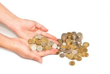 kadın el sikke yığını beyaz zemin üzerine, iş s tutarak