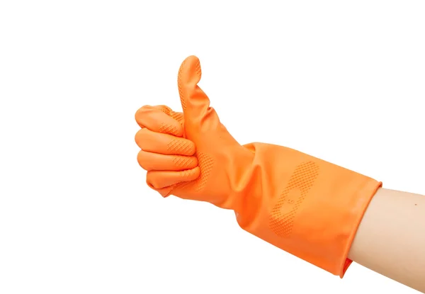 Duim omhoog symbool in rubber Oranje handschoen — Stockfoto