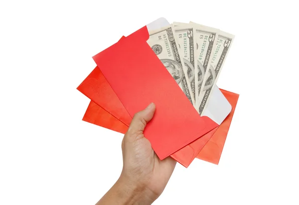 Hand geben Geld Dollar Bargeld Banknote in rotem Umschlag — Stockfoto
