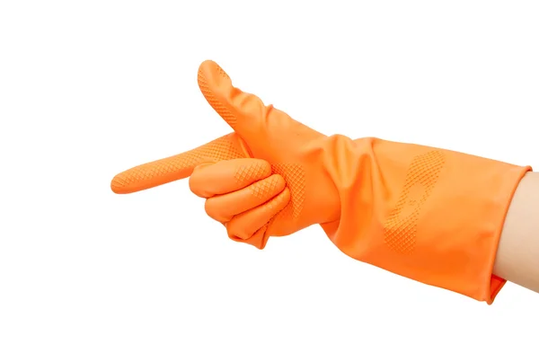 Ruka s oranžovou rukavice ukazující ruku na něco — Stock fotografie