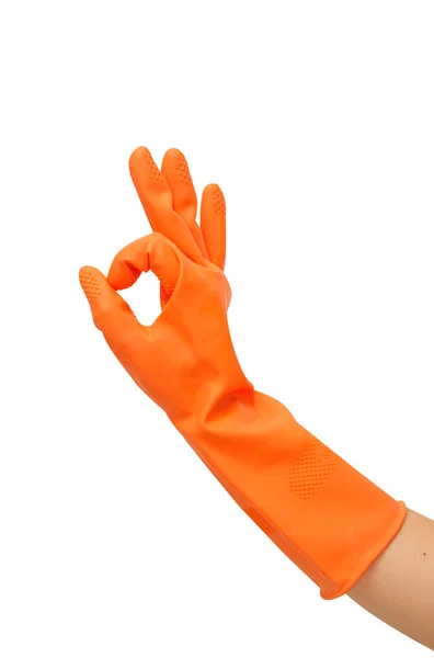 Hand met Oranje handschoen Toon o. k symbool — Stockfoto