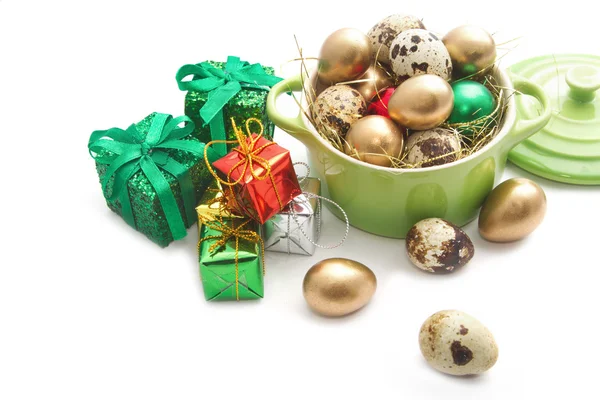 Easter eggs in the green potpot — Stock Photo, Image