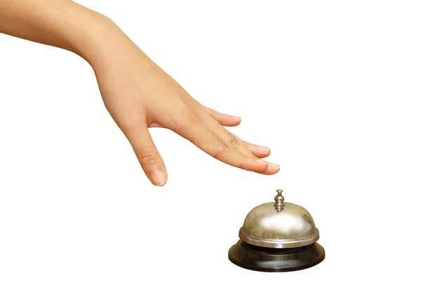 Woman hand pressing a hotel service bell — Stock Photo, Image