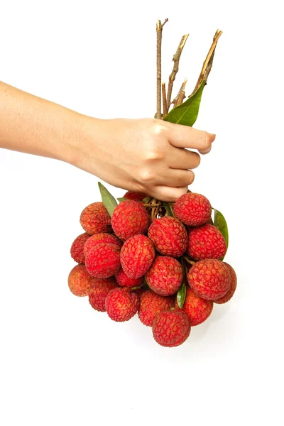 Kadına yardım et lychee meyve bir demet — Stok fotoğraf