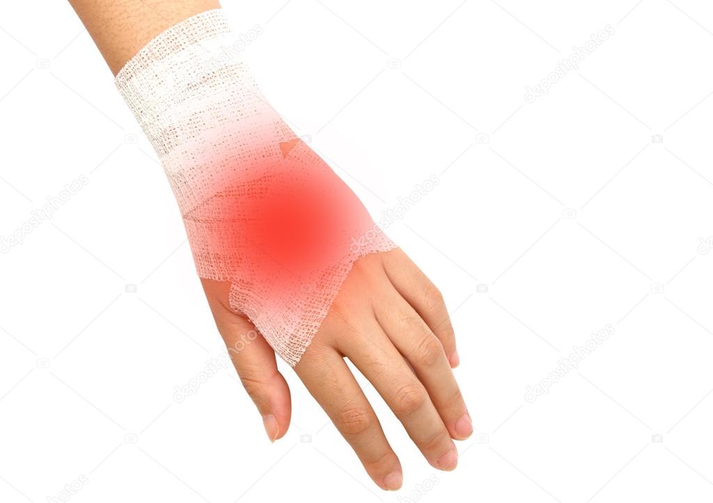 hand injury ,wrist strain ,sprained in white bandage