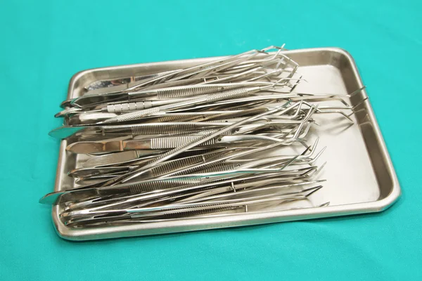 Set of surgical instrument on sterile tray, Micro forceps set — Stock Photo, Image