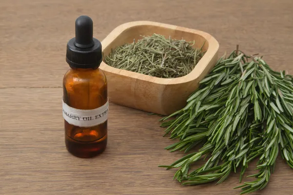Розмарин трава и ароматерапия эфирная бутылка капельницы масла — стоковое фото