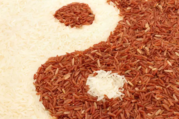 Primer montón de arroz integral y arroz jazmín en forma de yin-yang — Foto de Stock