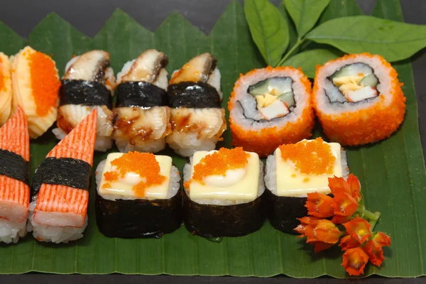 Traditional Japanese food Sushi on black plate — Stock Photo, Image