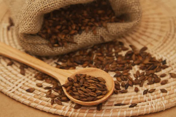 Té de cebada en cuchara de madera — Foto de Stock