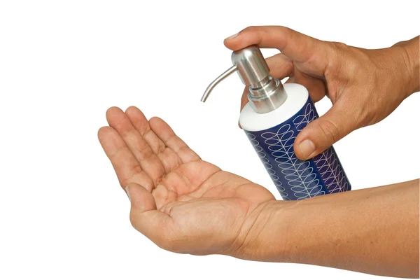 Finger pushing soap dispenser — Stock Photo, Image