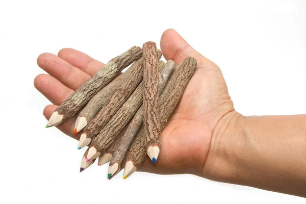 Hand som håller trä färgpennor — Stockfoto