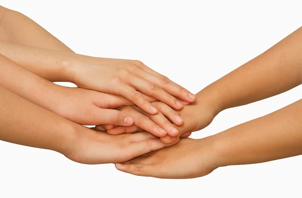 Ellerinizi birbiri ile onların elleri beraber birlik gösterilen — Stok fotoğraf