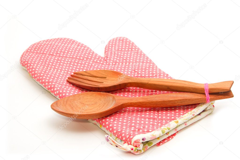 wooden spoon and fork with quilted heat protective mitten ,kitch