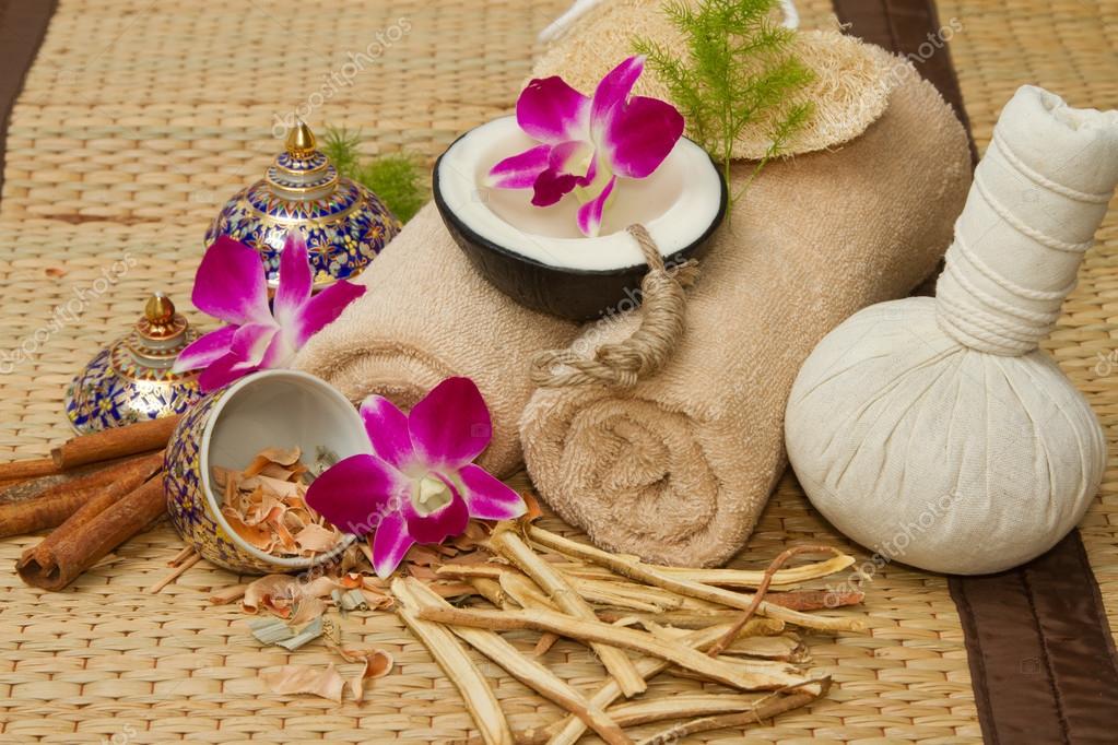 Thai spa massage setting , Massage oil, body scrub, Towels,Cinna Stock