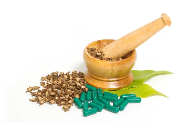 Mortir dan alu dengan kapsul herbal — Stok Foto
