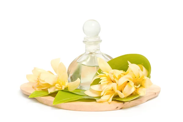 Golden champaka essential oil with champaka flower for spa aroma — Stock Photo, Image