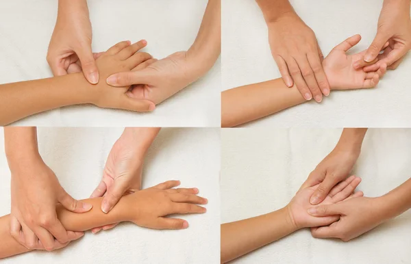 Colagem de crianças massagem com a mão mãe — Fotografia de Stock