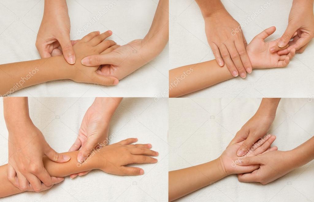 Collage of children massage with mother hand