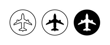 Uçak, uçak, uçak yolculuğu, uçak uçuş ikonları, vektör, işaret, logo, illüstrasyon, düzenlenebilir vuruş, düz tasarım biçimi beyaz çizgisel piktogramda izole edilmiş.