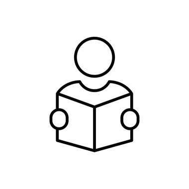 Bir kitap simgesi okuyan, simge vektörünü okuyan, imzalayan, sembol, logo, illüstrasyon, düzenlenebilir vuruş, düz tasarım biçimi, beyaz çizgide izole edilmiş