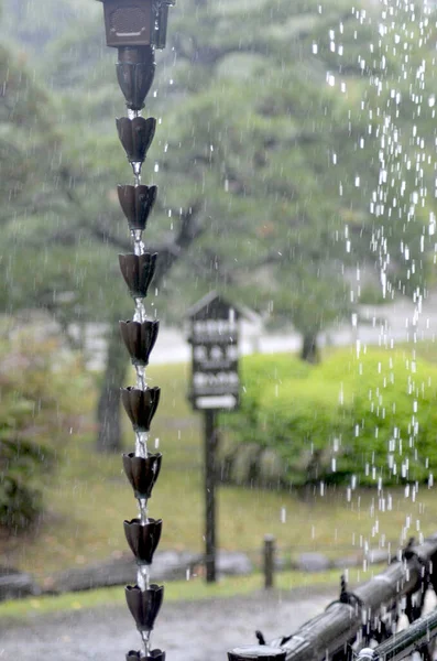 Krople Deszczu Postrzegane Jako Białe Kropki Ponieważ Padają Obok Łańcucha — Zdjęcie stockowe