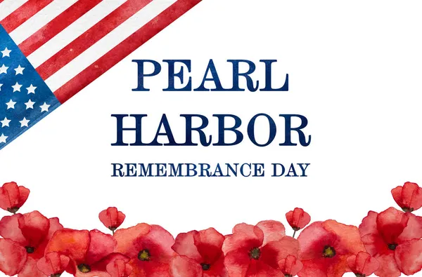 Pearl Harbor Minnesdag Hälsning Inskriptionen Bakgrunden Den Amerikanska Flaggan Närbild — Stockfoto