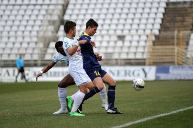 Kaposvar, Macaristan - 16 Mart: stefan denkovic (mavi 14) eylem Macaristan Ligi futbol maçı - kaposvar (beyaz) vs puskas akademia (mavi) üzerinde 16 Mart 2014 yılında kaposvar, Macaristan.