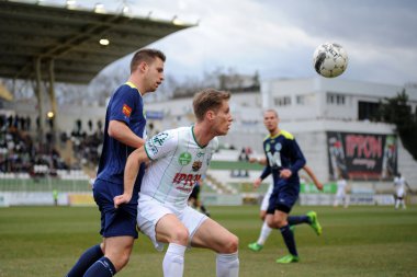 Kaposvar, Macaristan - 16 Mart: tarmo (beyaz 9) Macaristan Ligi futbol maçı - kaposvar (beyaz) vs puskas akademia (mavi) üzerinde 16 Mart 2014 yılında kaposvar, Macaristan eylem fantazi.