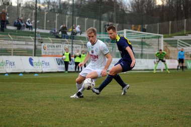 Kaposvar, Macaristan - 16 Mart: Macaristan Ligi futbol maçı - kaposvar (beyaz) vs puskas akademia (mavi) üzerinde 16 Mart 2014 yılında kaposvar, Macaristan eylem tarmo (beyaz içinde) fantazi.
