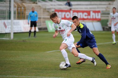 Kaposvar, Macaristan - 16 Mart: tarmo (beyaz 9) Macaristan Ligi futbol maçı - kaposvar (beyaz) vs puskas akademia (mavi) üzerinde 16 Mart 2014 yılında kaposvar, Macaristan eylem fantazi.