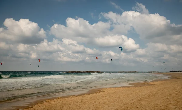Kitesurf Surfistas Todas Las Edades Entrenan Mediterráneo Israel Ashkelon Enero —  Fotos de Stock