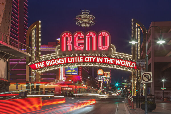 The Sign of Reno Arch at Night, Nevada