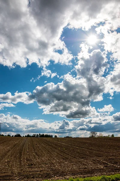 Grandes Campos Marrons Solo Fértil Céu Azul Com Nuvens Brancas — Fotografia de Stock