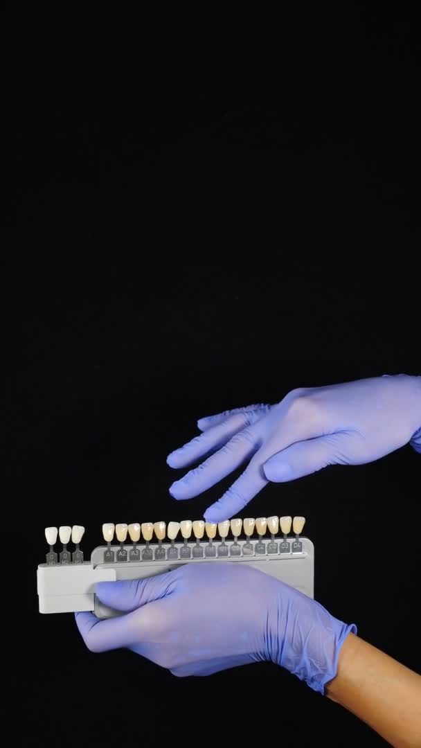 검은 색 배경으로 사진을 찍은 여성의 손에 있는 치아 색깔 등급의 비타 (Vita) 치아. 다른 색의 이빨을 가진 팔레트. 환자 치아의 색조를 결정하기 위해 치아의 색깔 샘플을 채취 한다. 수직 영상 — 비디오