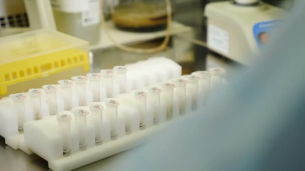 研究者はDNA検査のための分子遺伝学研究室で働いています。PCR 。現代の医療検査機器。コロナウイルス解析。医学開発研究所。4 kビデオ — ストック動画