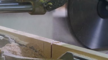 Process of making wood chipboard furniture. Cutting boards. man makes furniture at factory, Cutting wood with electric saw. electric circular machine. fine wood dust flies, Carpenter at work. 4 k