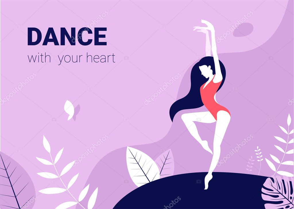 Dance with your heart. Vector poster is perfect for dance studio, performance. Flyer, invitation, poster or greeting card design template with dancing girl