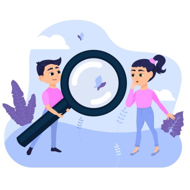 Çocuklar büyüteçle doğaya bakıyor. Şirin kız ve oğlan dışarıda vakit geçiriyorlar. Düz vektör çizimi. Biyoloji öğrenen öğrenciler ya da küçük bilim adamları. Keşif, doğa, keşif kavramı