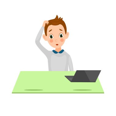 Çocuk dizüstü bilgisayarla masada oturuyor ve elini kaldırıyor. Evde eğitim kavramı. Çevrimiçi çalışma. Çizgi film biçimi, vektör illüstrasyonu  