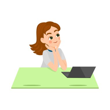 Kız dizüstü bilgisayarla masada oturuyor ve rüya görüyor. Evde eğitim kavramı. Çevrimiçi çalışma. Çizgi film biçimi, vektör illüstrasyonu  