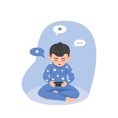 Akıllı telefonu olan küçük çocuk karakteri. Akıllı teknolojilerin bağımlılığı. Vektör illüstrasyonu