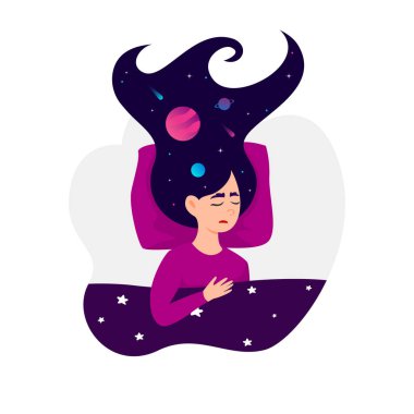 Evrenin yıldızlı gecesinde saçlarıyla yatakta uyuyan basit bir kadın karakteri. Tatlı rüyalar konsepti. Düz vektör illüstrasyonu