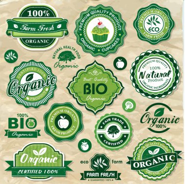 Collection of vintage retro grunge bio and eco organic labels natural products