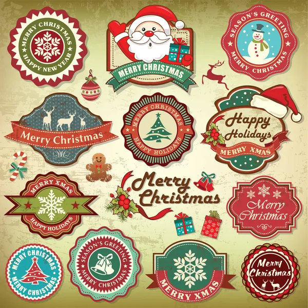 Colección de etiquetas de navidad retro grunge vintage, insignias e iconos — Vector de stock