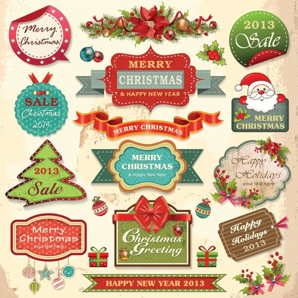 Collectie van Kerst ornamenten en decoratieve elementen, vintage frames, etiketten, stickers en linten — Stockvector