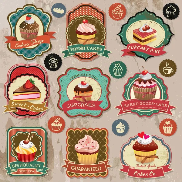 Collezione di vintage retrò varie etichette cupcake, distintivi e icone — Vettoriale Stock