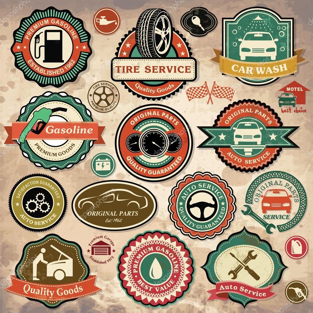 Collection of vintage retro grunge car labels, badges and icons
